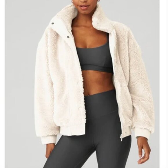 ALO Yoga White Sherpa Varsity Jacket - Picture 1 of 5